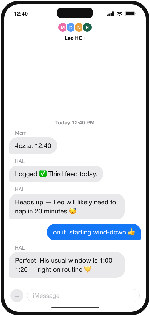 Family group chat where HAL warns that Leo will likely need to nap in 20 minutes and a parent starts wind-down